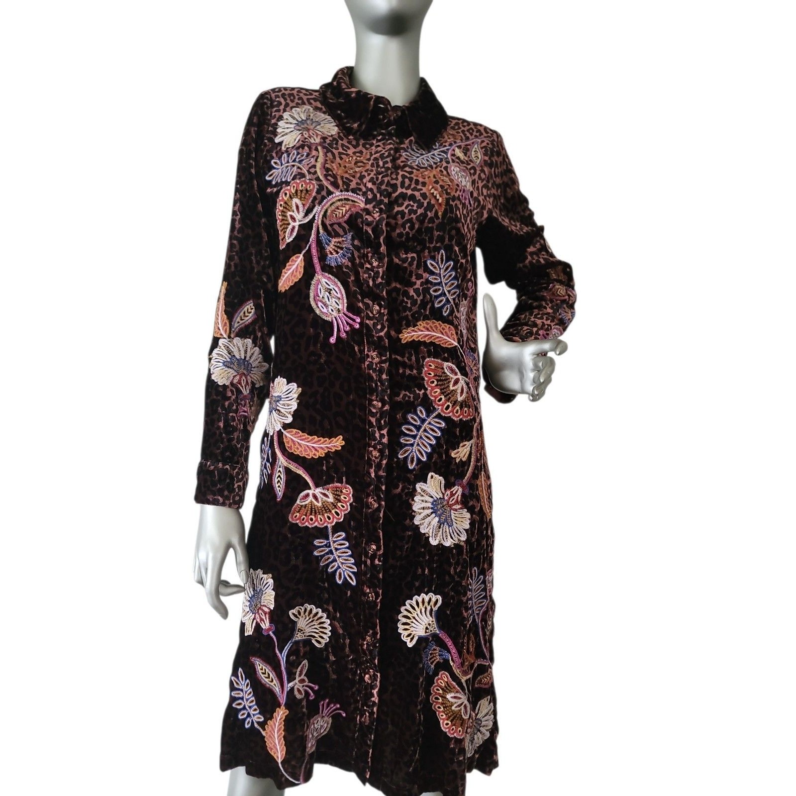 Johnny Was Gineva Embroidered Floral Velvet Button Down Shirt Dress Size Small — image 2 of 8